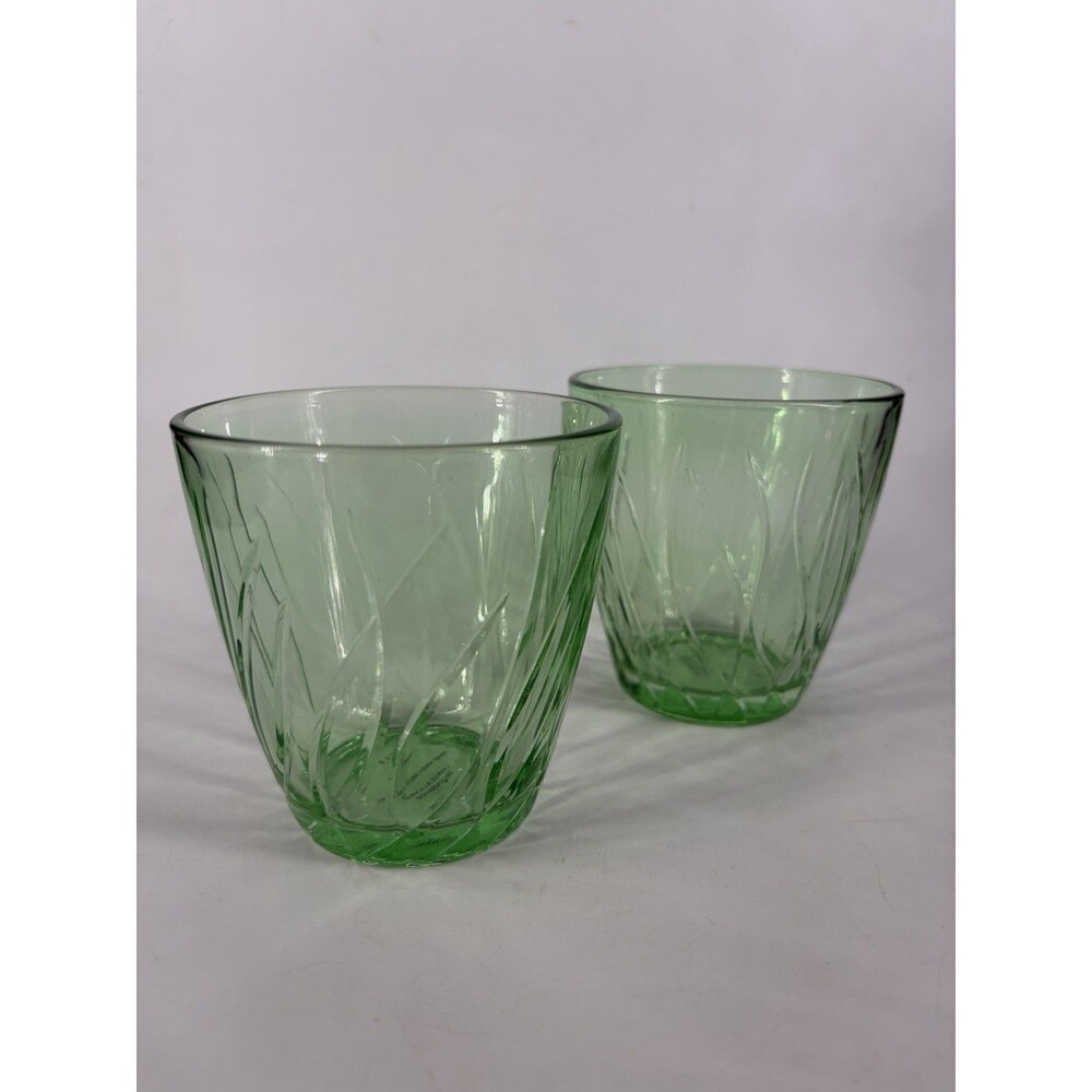 Pottery Barn Green Swirl Double Old Fashioned Short Tumblers Flashed cut Glass